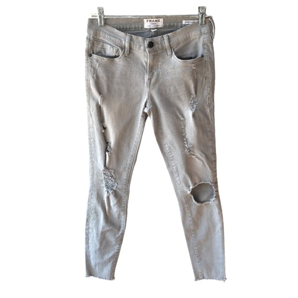 FRAME Denim Le Skinny De Jeanne Grey Distressed Jeans in Harding, Size 26 - Picture 2 of 7